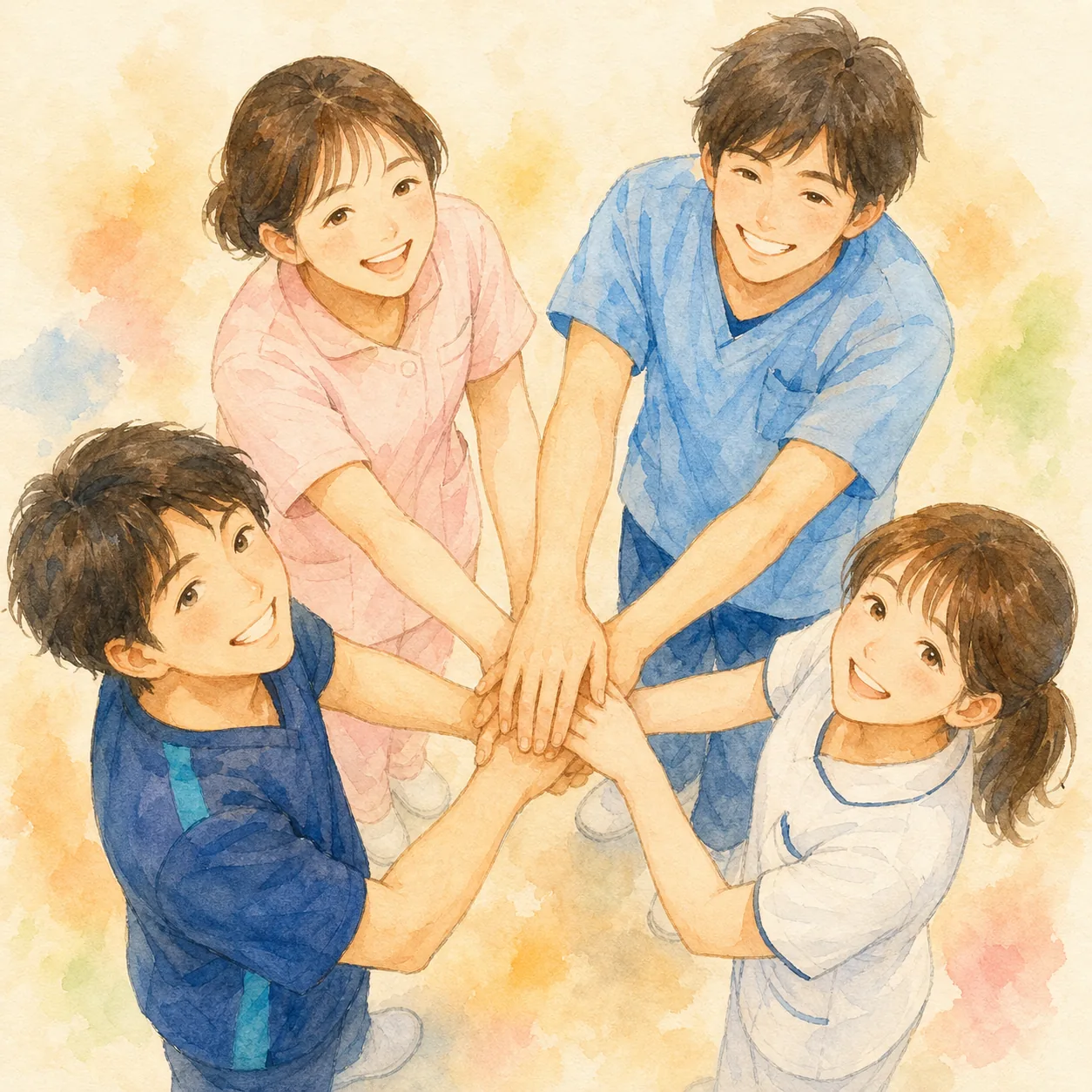 スタッフが輪になって手を重ねるイラスト
