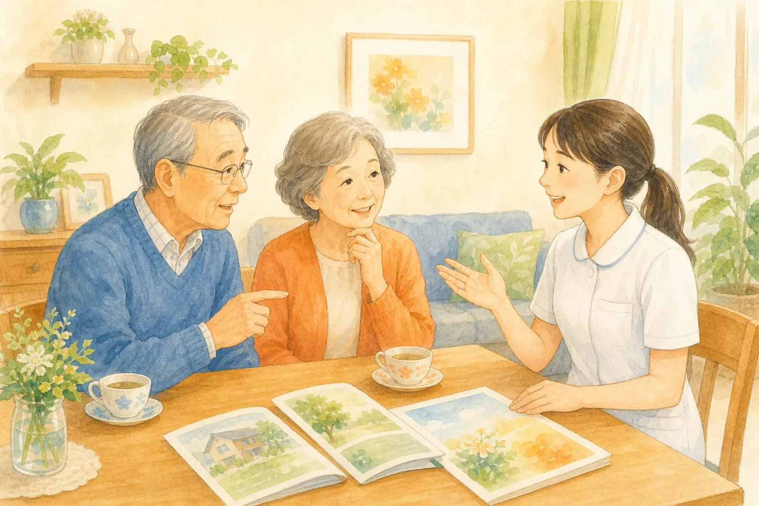 看護師に質問するご夫婦のイラスト