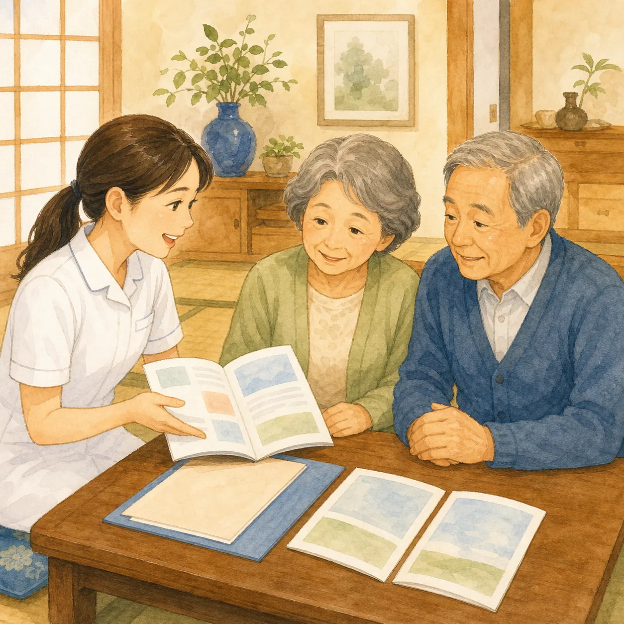 契約内容を説明する看護師のイラスト