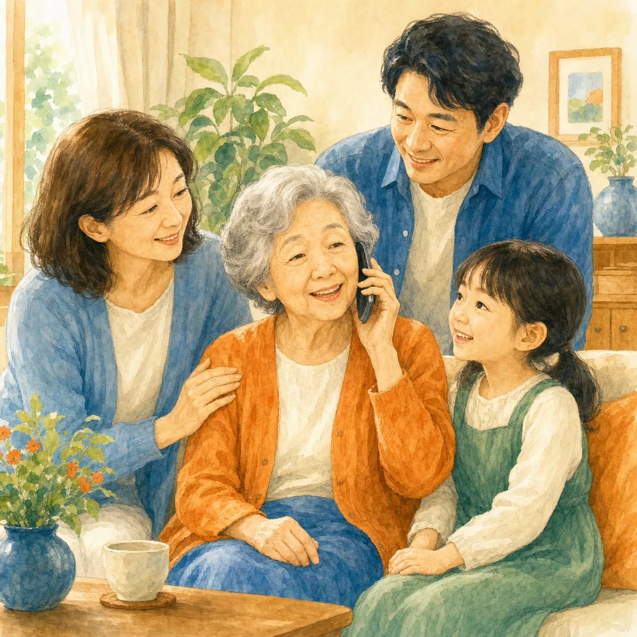 電話で相談する高齢の女性のイラスト