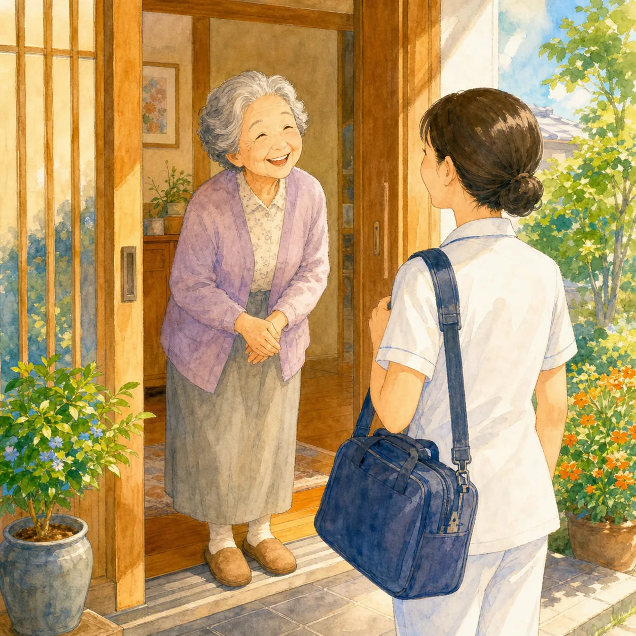 玄関で看護師を迎える様子のイラスト