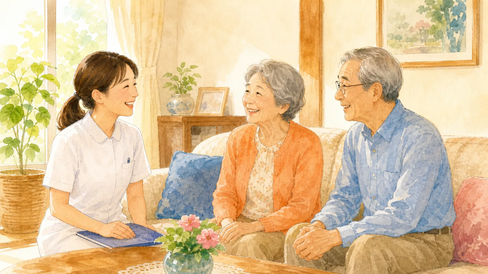 ご自宅で高齢のご夫婦と談笑する訪問看護師のイラスト