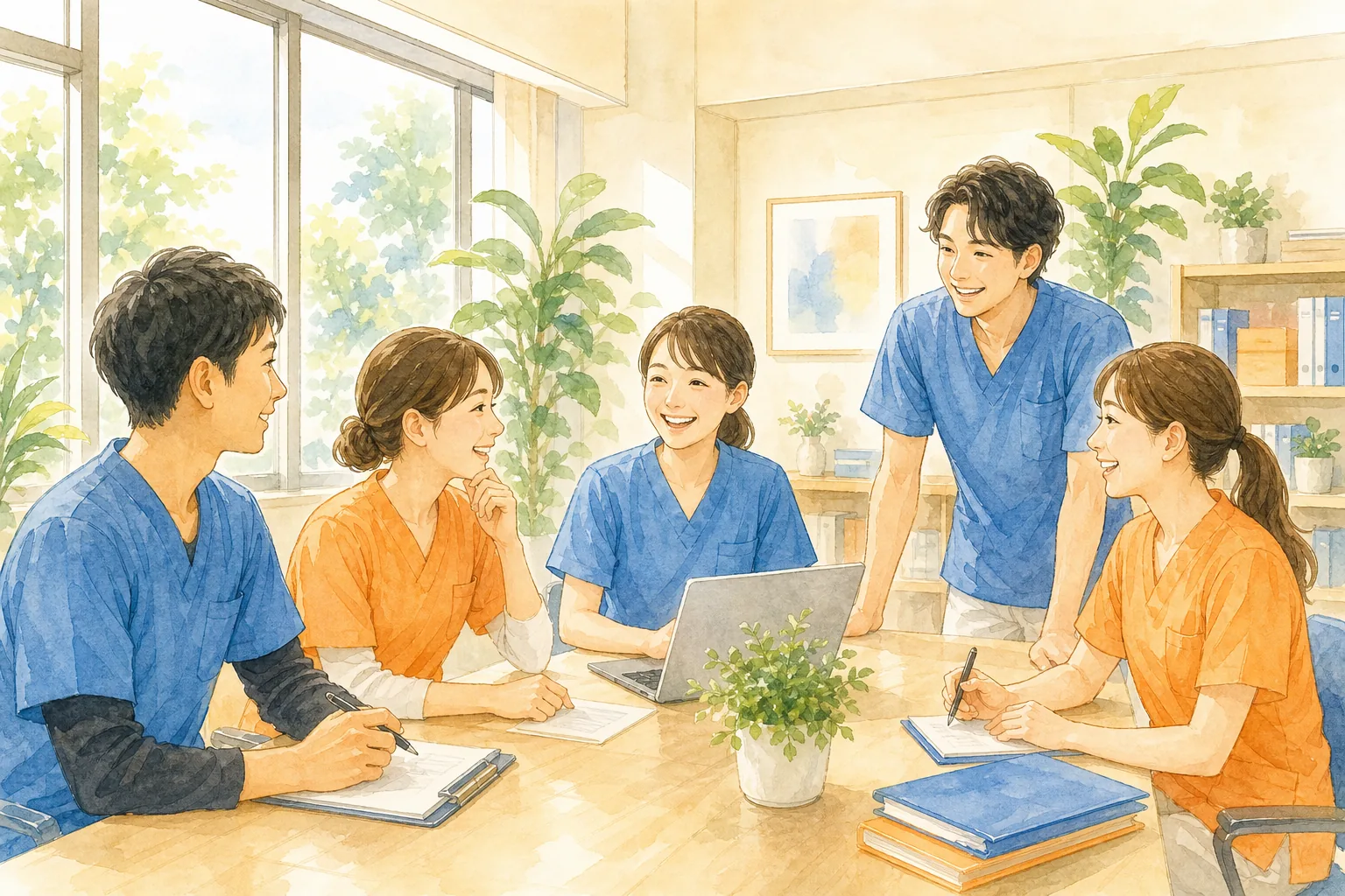 明るい事務所でミーティングするスタッフのイラスト