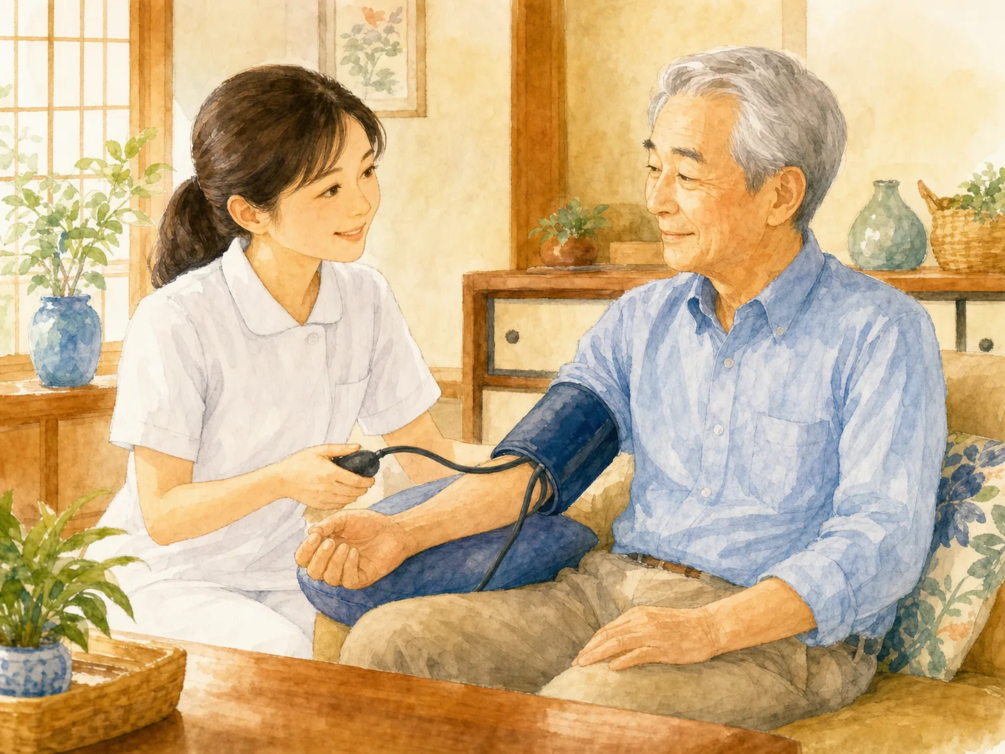 血圧を測る訪問看護師のイラスト