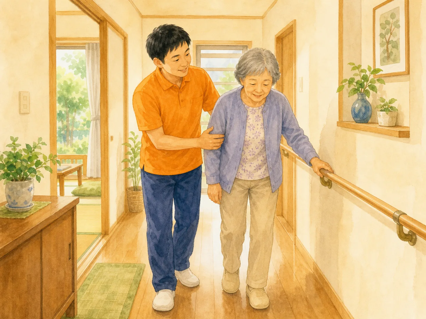 歩行リハビリを支える理学療法士のイラスト