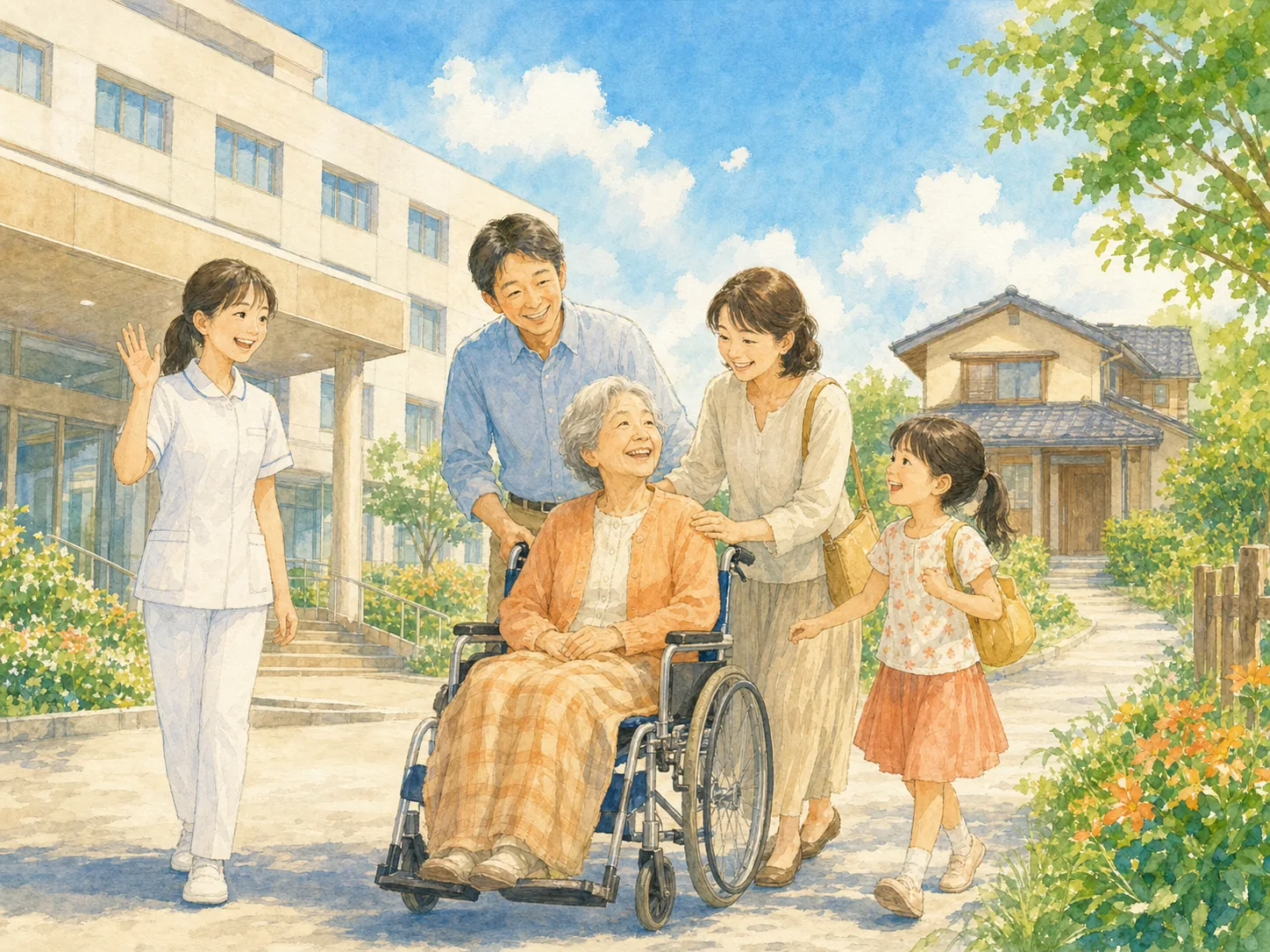 退院して自宅に帰る様子のイラスト